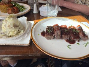 BBQ Filets Entree (served with a side of mashed potatoes) at Cafe Berlin in San Juan