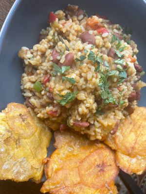 Rice and beans and tostones ( comes with Criollo tofu) at Cafe Berlin in San Juan