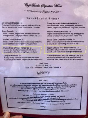 Multiple vegan dishes on The menu  at Cafe Berlin in San Juan
