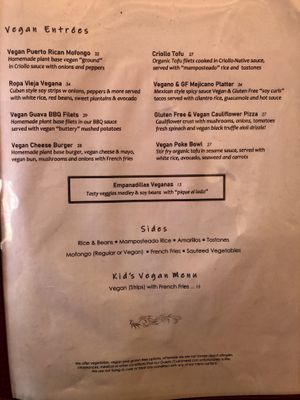 Entirely vegan entree menu  at Cafe Berlin in San Juan