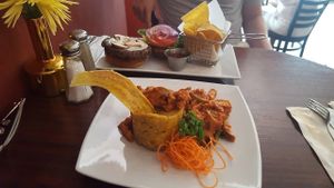Vegan mofongo and house-made vegan burger  at Cafe Berlin in San Juan
