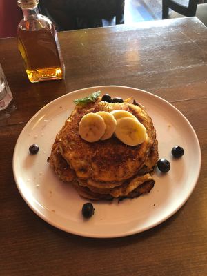 Gluten free vegan pancakes with agave syrup at Cafe Berlin in San Juan