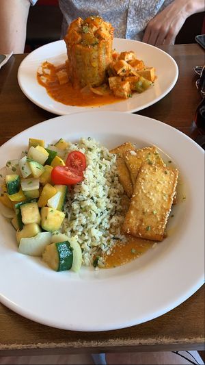 Sesames tofu and mofongo (both vegan) at Cafe Berlin in San Juan