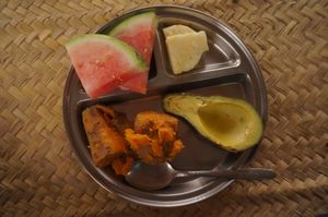 Fresh fruits and baked sweet potatoes.   at Sadhana Forest in Maralal