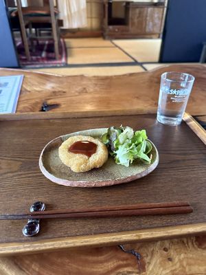 Korokke and salad that came with lunch set.  at Uka Shokudo in Teshima