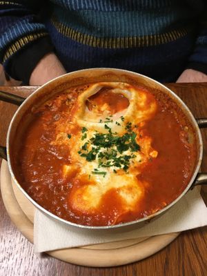 Shakshuka with feta at Hummus Bar Vegetarian in Budapest