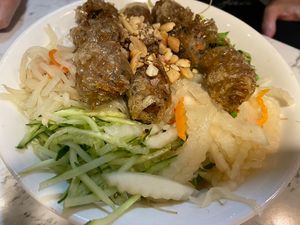 Rice noodles with fried spring rolls   at Yuè Xiāng YǎngShēng SùShí 越鄉養生素食 in Taipei