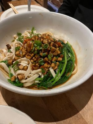 Dan Dan Mien made vegan with smoked tofu instead of pork, so good! at Mao's Kitchen in Venice
