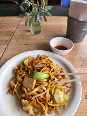 Veggie and smoked tofu low mein! It came with crispy won tons to start. So tasty!: at Mao's Kitchen in Venice