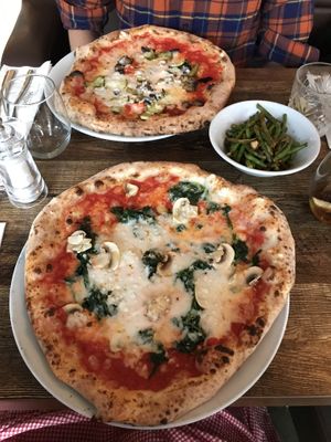 Top pizza - vegan ortolana, bottom pizza - vegan vegetariana, and a side of fagiolini  at Posillipo - Faversham in Faversham