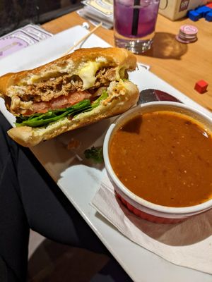 Earth burger with black bean soup at Snakes & Lattes - Bloor St in Toronto