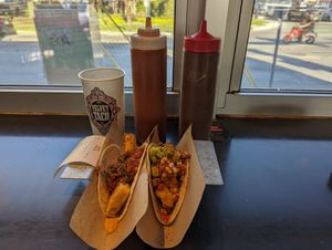Paneer taco (with tofu instead) and cauliflower taco (no queso or crema on either) at Velvet Taco in Fort Worth