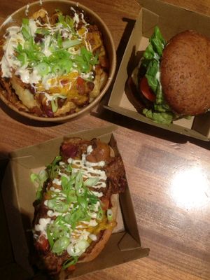 no chicken burger, bacon fries and hot dog at Next Level Burger - Austin in Austin