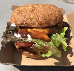BBQ burger with Beyond patty, added mayo and pickles at Next Level Burger - Austin in Austin