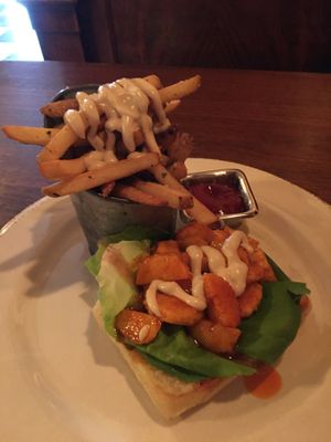 Lobster roll (oyster mushroom?) sandwich. The Frank’s Red Hot was a little overpowering in a few of the bites. The sauce on the fries was probably the best thing I’ve eaten in months.  at Provender Kitchen & Bar in Ellsworth