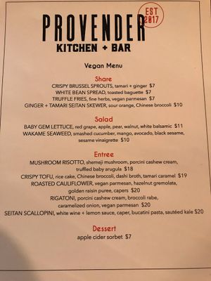Vegan menu at Provender Kitchen & Bar in Ellsworth
