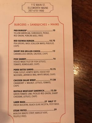 Mains menu at Provender Kitchen & Bar in Ellsworth