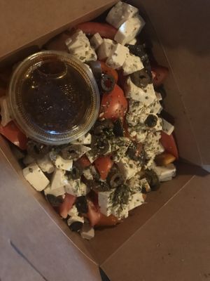 Greek salad (tasty! FYI: no lettuce in this salad in case you were expecting some)  at Vegan Pizza House in Surrey