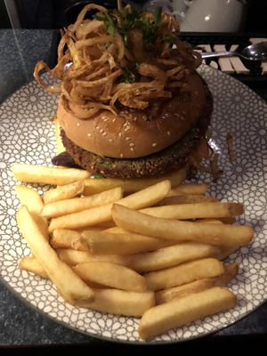 Vegan Burger with french fries  at Bonnie & Clyde in Stuttgart