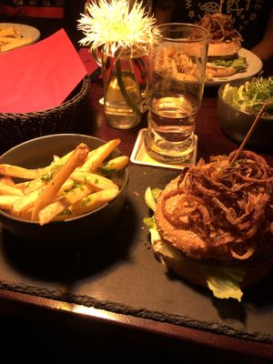Burger with garlic fries (+2€)  at Bonnie & Clyde in Stuttgart