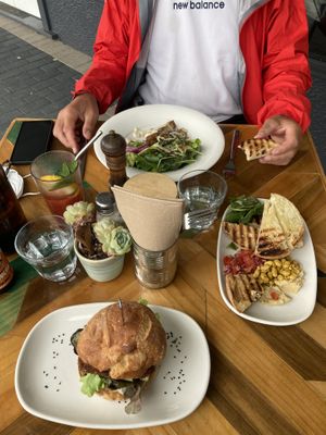 Hummus with bread, tofu salad, tofu burger   at The Citadel in Whanganui