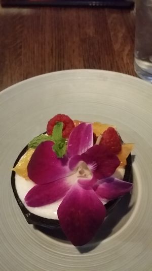 Coconut sorbet garnished with edible flower, mint, candied pineapple and raspberries at Poki Poblano in Albuquerque