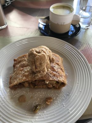 apple strudel with coconut ice cream  at Avit in Athens