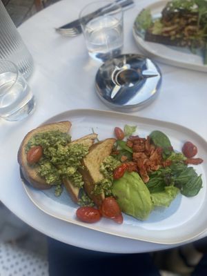 Pesto (I believe), avocado, tomato, and bacon with toastt  at Avit in Athens