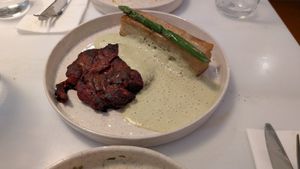 Lion's mane dauphinoise

Mushroom steak, potato dauphinoise, grilled asparagus, courgette and spring onion espuma at Avit in Athens