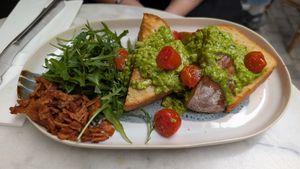 ‘Avit breakfast
Fluffy toasted brioche, scrambled tofu, bacon, cherry tomatoes, avocado at Avit in Athens