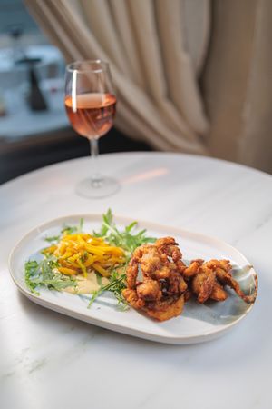 "Calamari fritti": mushrooms, mango salad, lemon & chilly mint mayo at Avit in Athens