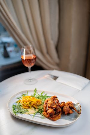 "Calamari fritti": mushrooms, mango salad, lemon & chilly mint mayo at Avit in Athens