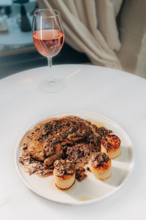 Pepper steak: sous vide mushrooms, porcini duxelles, smokey potatoes fondant, mediterranean condiments at Avit in Athens