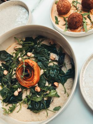 Hummus salad and arancini  at Avit in Athens
