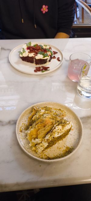 French toast sweet with vegan bacon and chantilly ; cheesecake-baklava at Avit in Athens