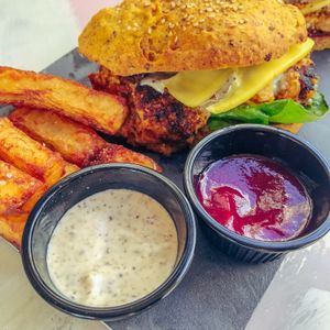 Vegan Burger with homemade truffle mayo or beetroot ketchup  at Avit in Athens