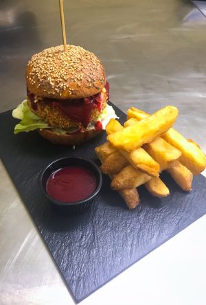Burger with beetroot ketchup at Avit in Athens