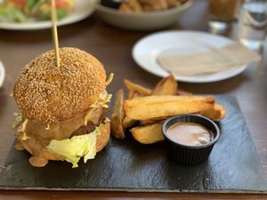 Per my VERY PICKY and mushroom despising 16 yo, this “Beyond Burger” - AVIT style, with mushrooms, spices, & breadcrumbs was the BEST BURGER he’d ever had!  at Avit in Athens