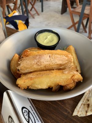Best chips and avocado lemon sauce  at Avit in Athens
