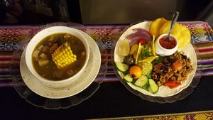 Stew lunasol of chia, corn and other vegetables. American latin plate with Tacos, Corn Arepas, Salad and more. at Lunasol in Berlin