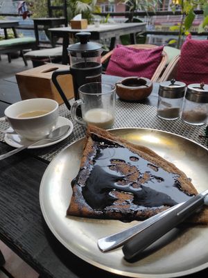 Hot chocolate buckwheat crepe and french press coffee with soy milk at French Creperie and Bar in Pokhara
