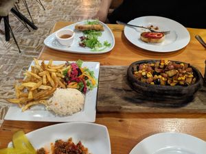 Clay pot veggie dish that came with rice and fries at Fat Boys in Goreme
