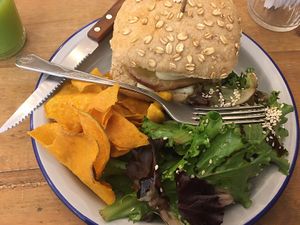 Beetroot and millet burger at Las Vegan in Lisbon