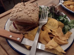 Plant based burger with sweet potato fries at Las Vegan in Lisbon