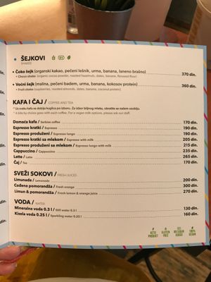 Menu page - shakes, coffee, tea, juices and water at Ćao Šećeru in Belgrade