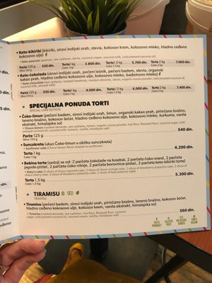 Menu page - Cakes, continued, special cakes and tiramisu at Ćao Šećeru in Belgrade