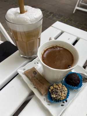 Iced latte with almond milk and Serbian coffee (with two complimentary raw balls)   at Ćao Šećeru in Belgrade