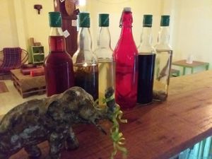 "House Spirits" a unique offer of homemade flavored Lao spirits only here. 
Do the tasting! 
Cheap in cost and a lot of fun guaranteed!   at XangKhiaw Vvirtshaus in Thakhek