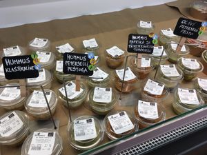 Hummus selection at Biomarket Deli in Tallinn