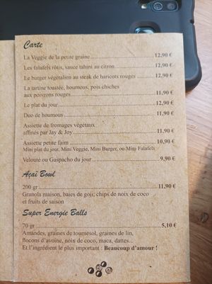 La liste des plats at la petite graine in Limoges